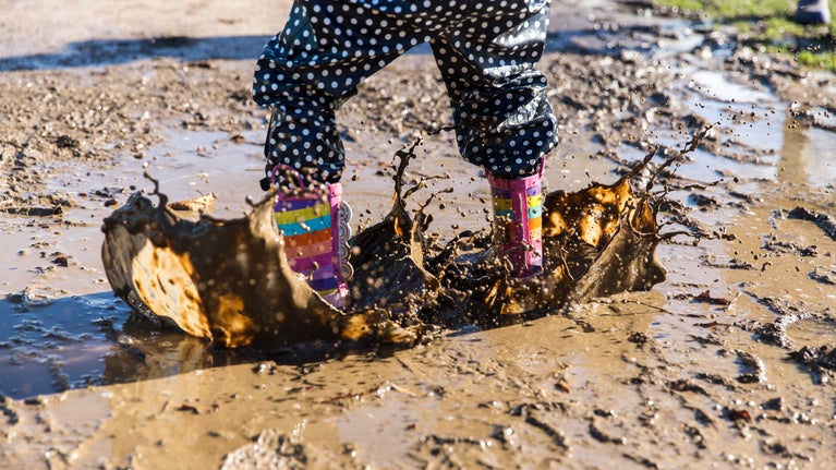 Children splashing in puddles